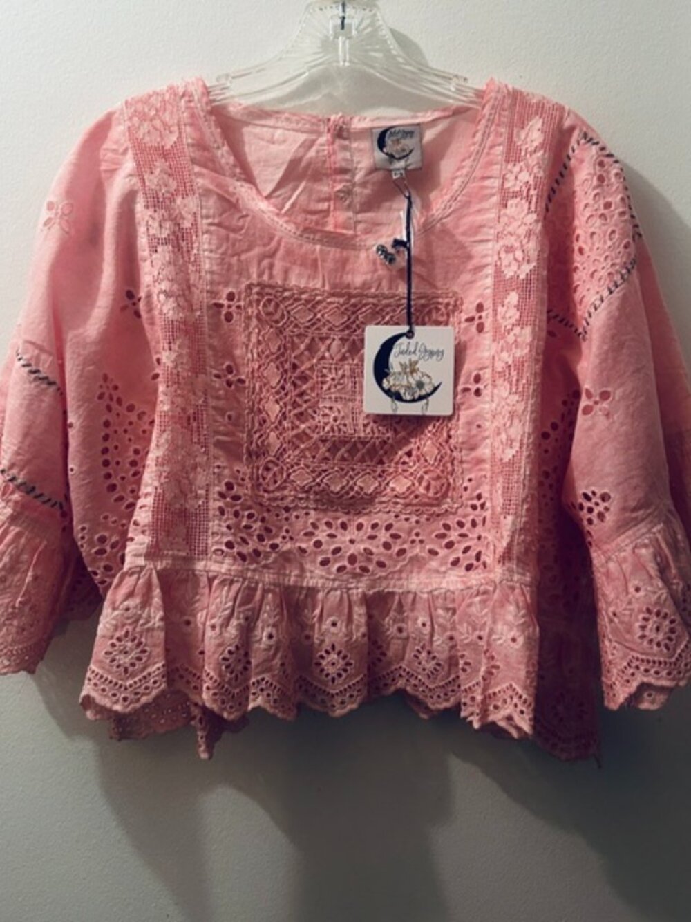 Jaded Gypsy Pink Softy Worn Lace Eyelet Ruffle Snap Cotton Reversible Top NWT